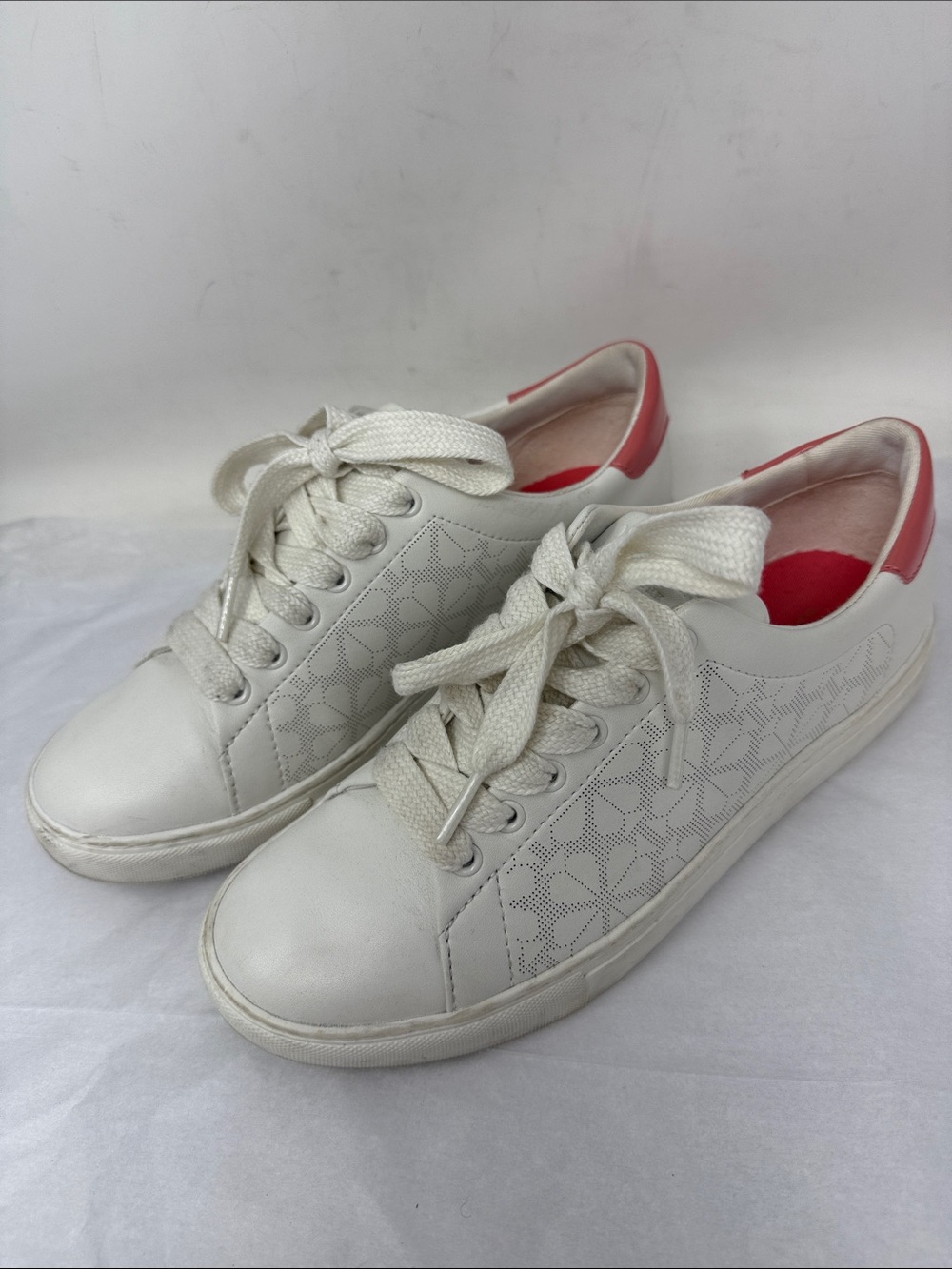 Kate Spade Audrey White Leather Sneakers Pink Heel Size 7.5 Tennis Preppy Shoes